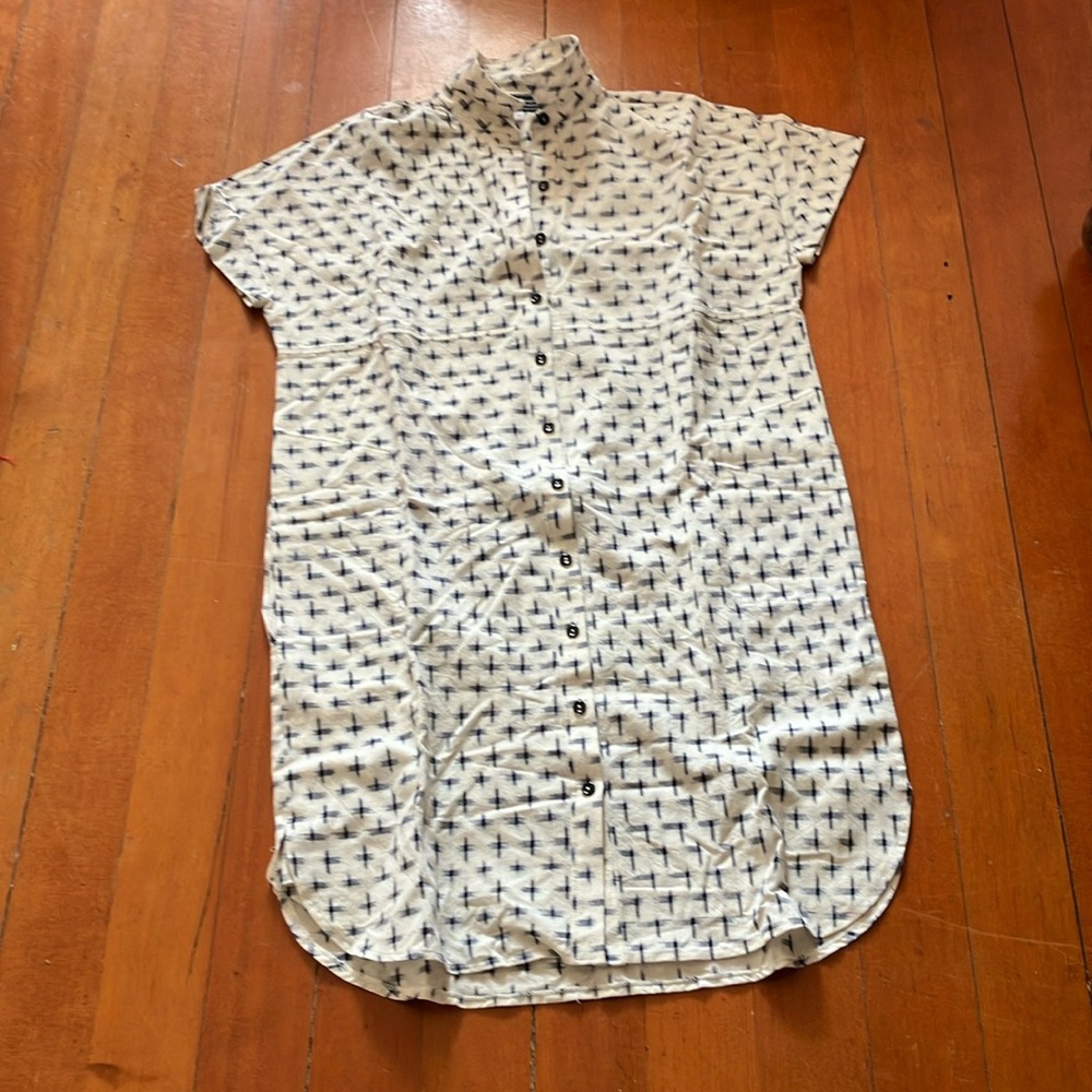 White and Blue Ikat Tunic with stand up Collar